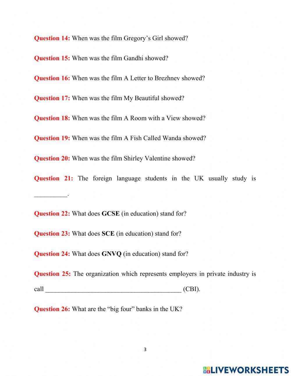 British Culture 1 and 2 (final test)