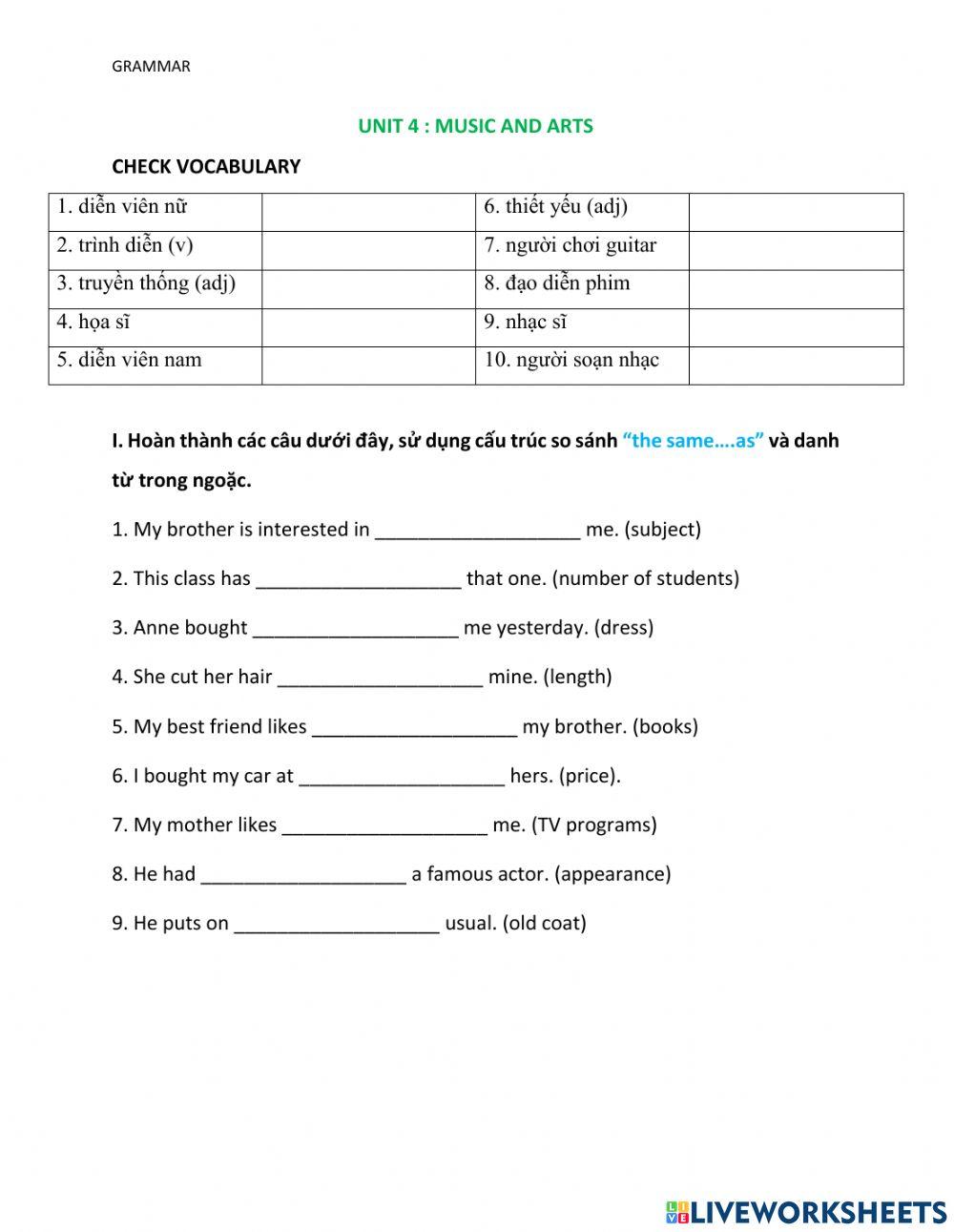 Unit 4 : Music and Arts - Grade 7