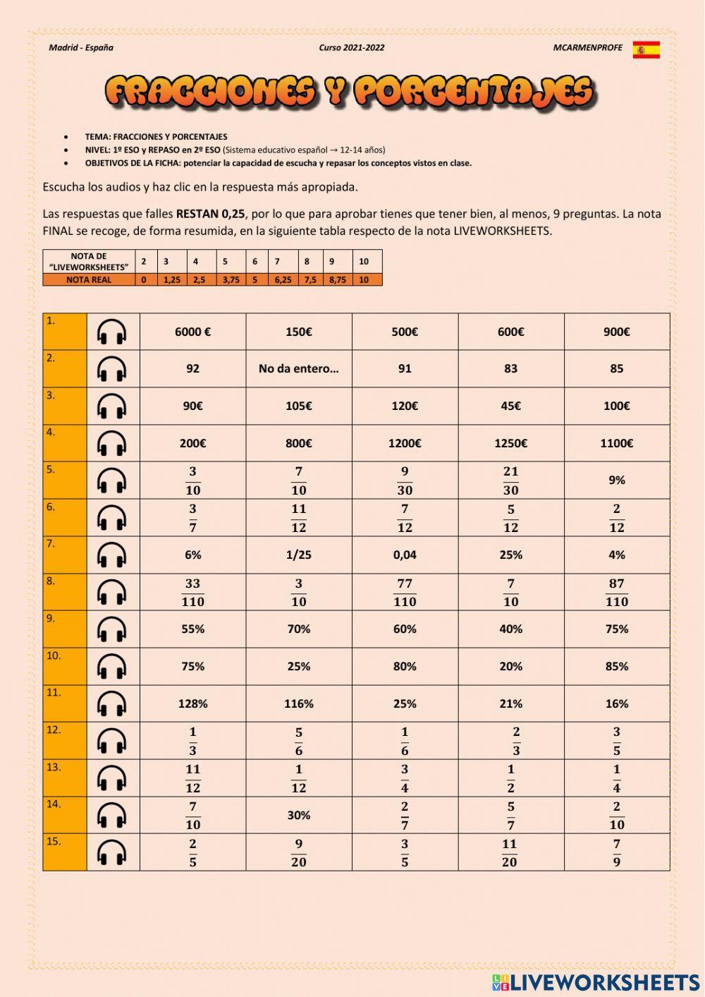 Porcentajes y fracciones