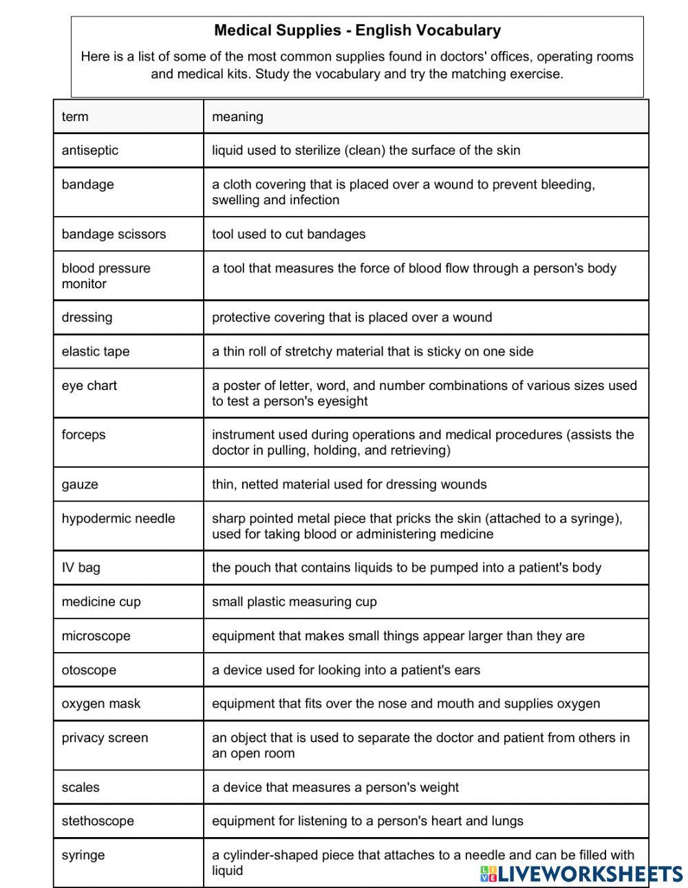 HEALTH SUPPLIES. LISTEN AND VOCABULARY PRACTICE. 