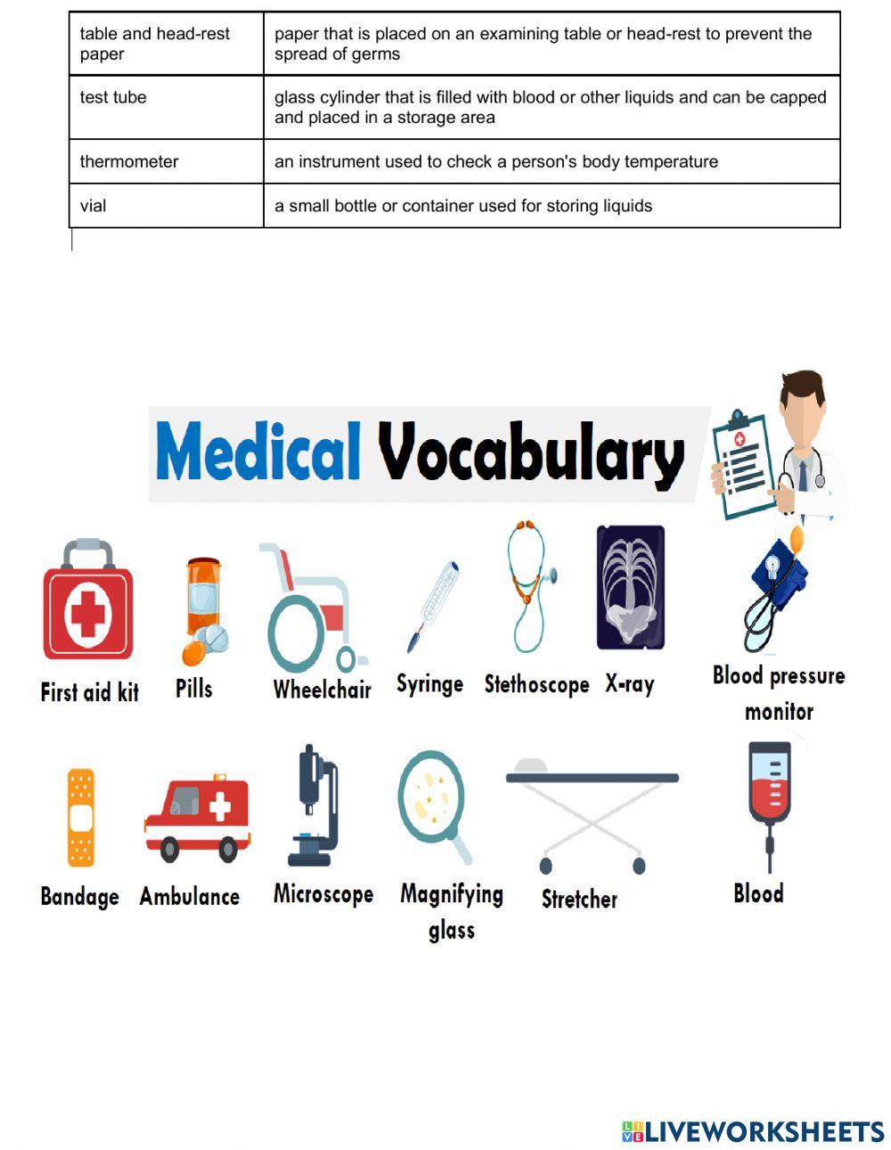 HEALTH SUPPLIES. LISTEN AND VOCABULARY PRACTICE. 