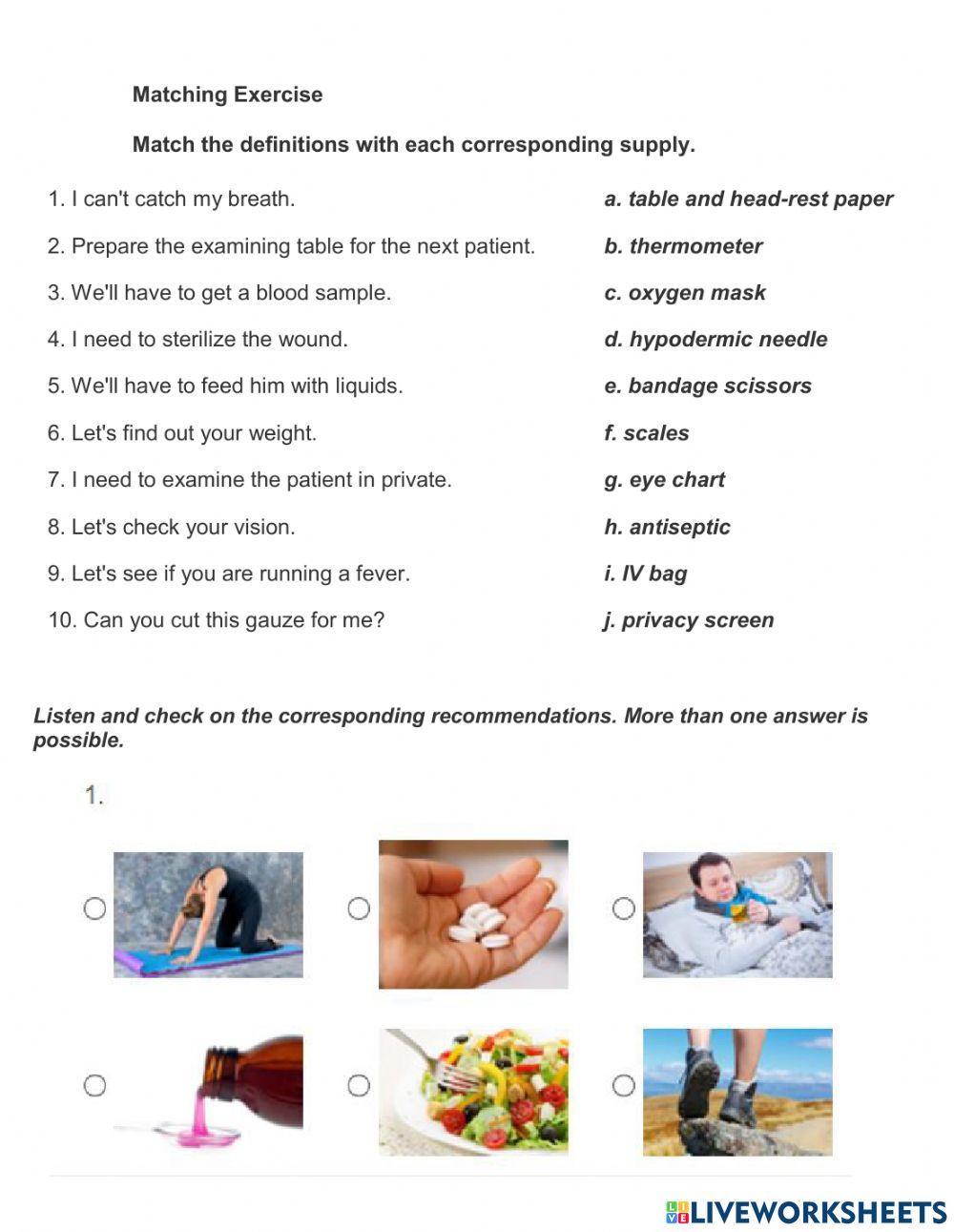 HEALTH SUPPLIES. LISTEN AND VOCABULARY PRACTICE. 