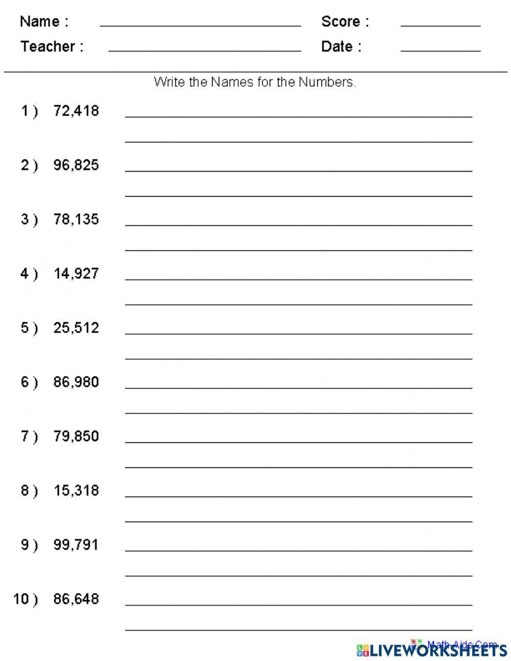 Number Name Of 5 Digit Numbers Worksheet Live Worksheets