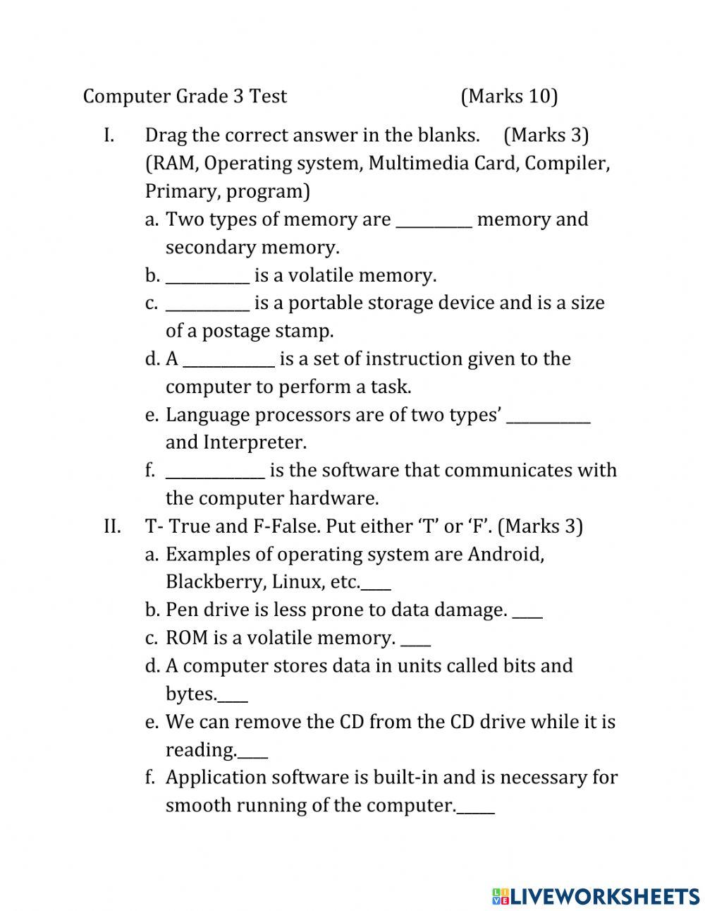 Gr 3 Test Computer Science worksheet | Live Worksheets