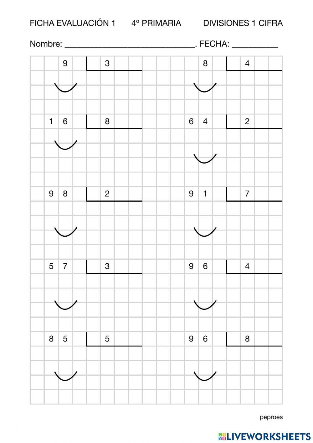 Ficha evaluación 1 divisiones de 1 cifra