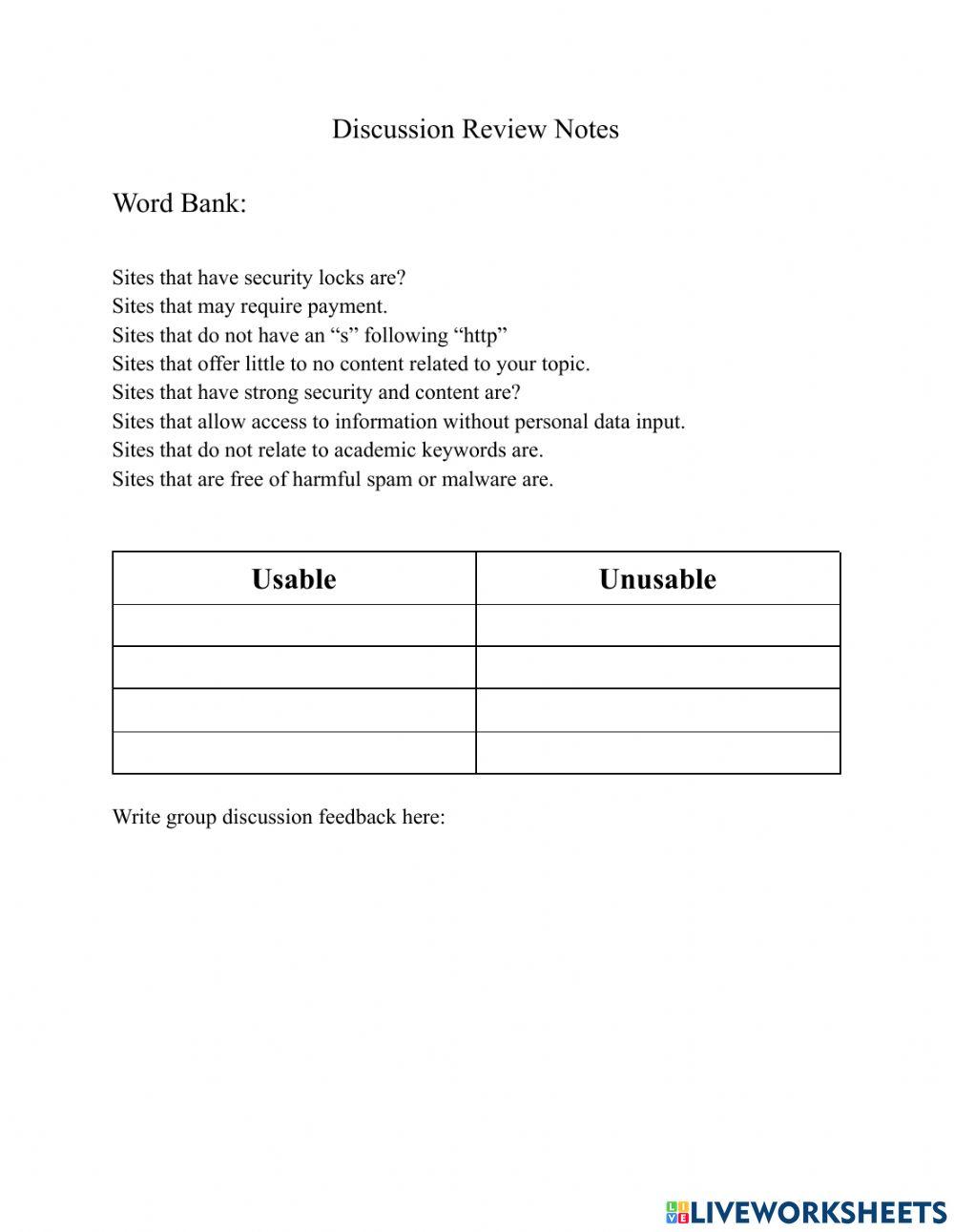 Discussion Review Notesheet