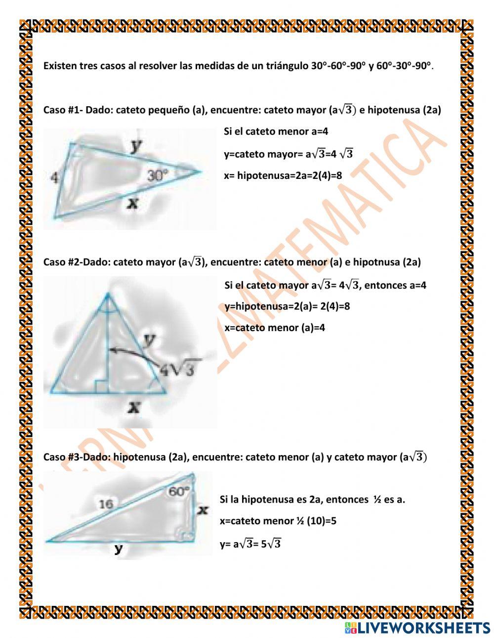 TRIG 2.B.2.b Triángulos rectángulos especiales: Deducir ángulos de triángulos 30-60-90