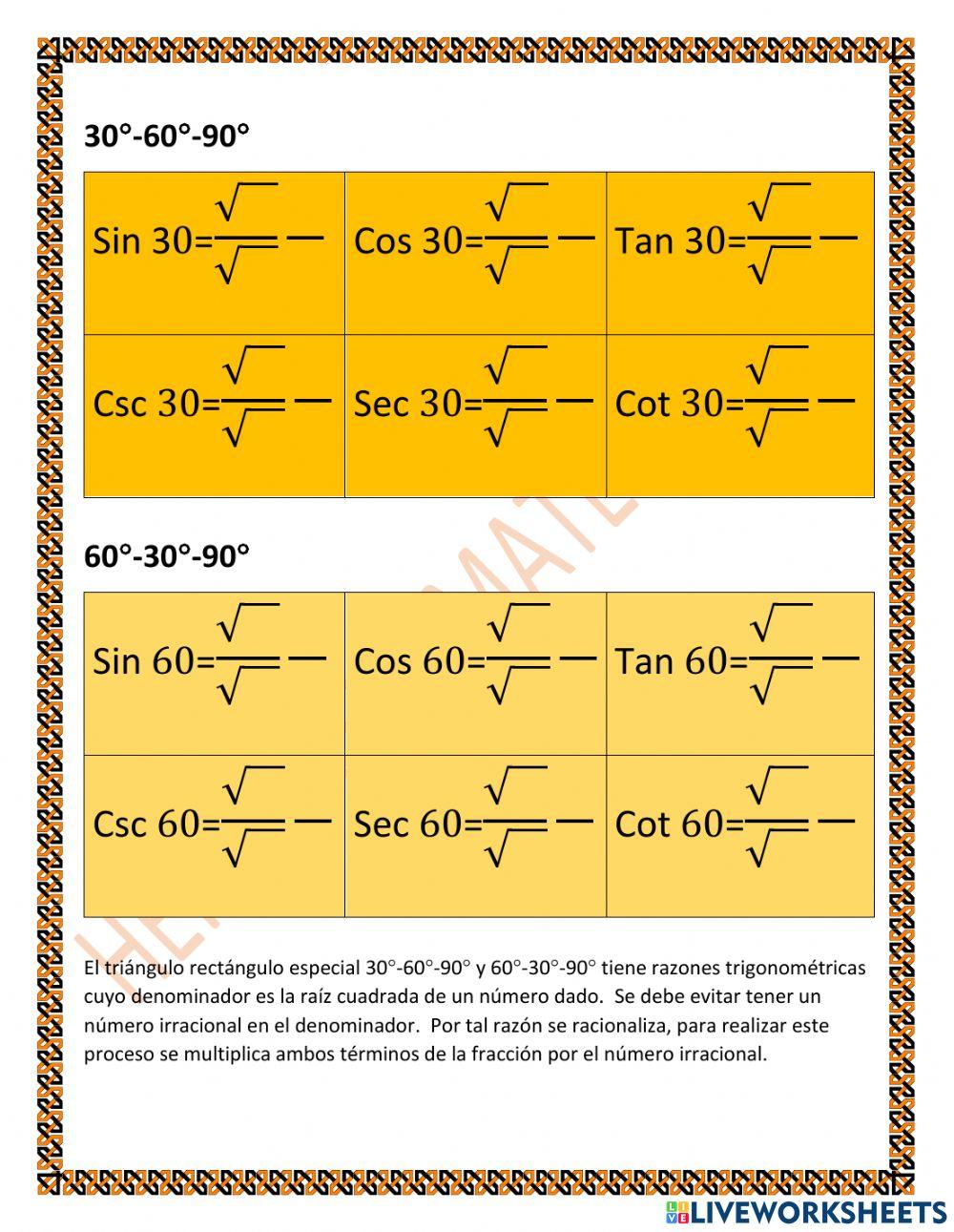 TRIG 2.B.1.b Triángulos rectángulos especiales: Deducir ángulos de triángulos 30-60-90