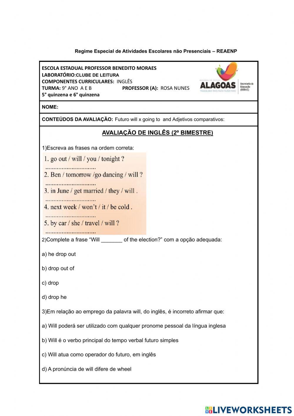 Avaliação  de inglês 9° ano - 2º bimestre Benedito Moraes