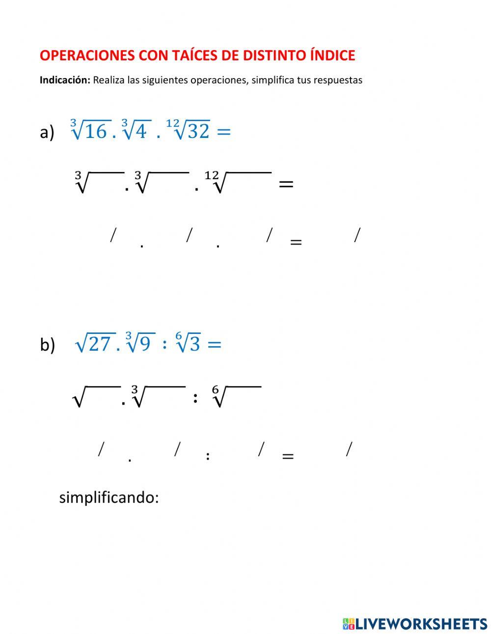 Operaciones con Raíces de Distinto Índice