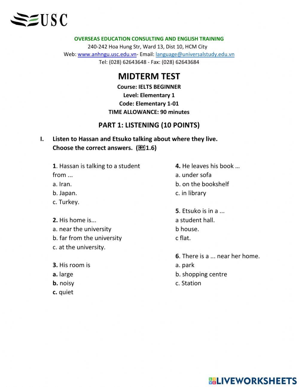 Mid-term  test ielts beginner