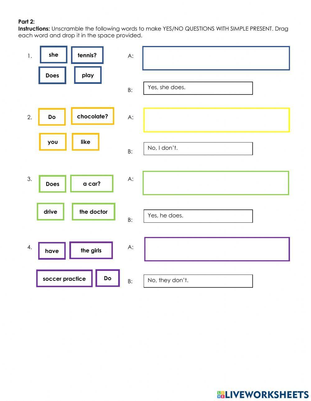 Yes no questions simple present practice exercise