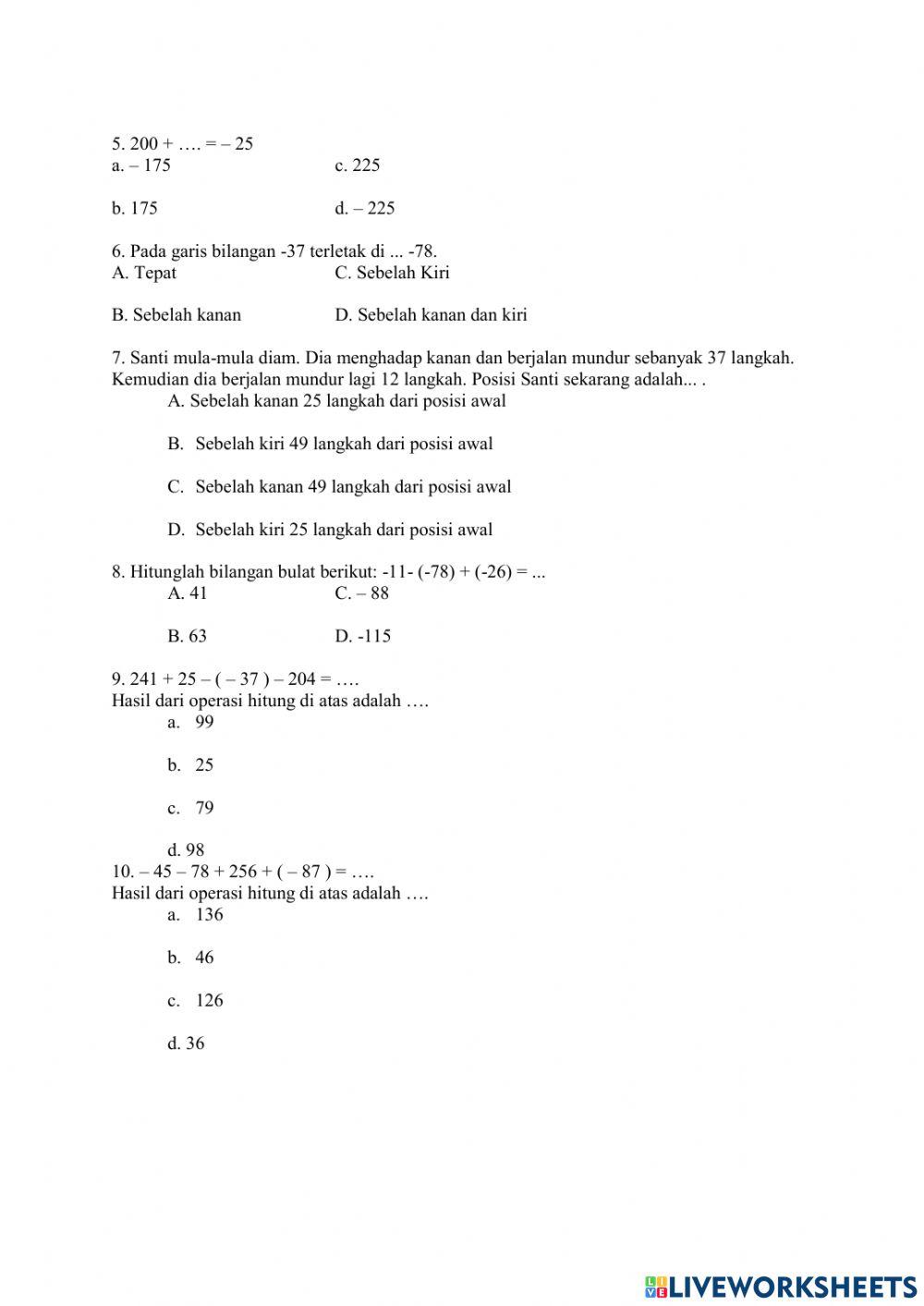 Latihan Soal Bilangan Bulat