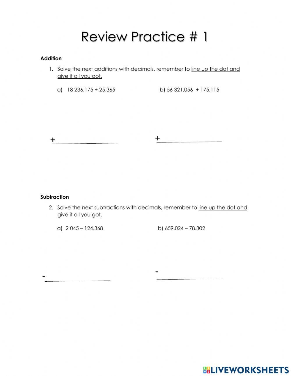 Decimal Operations worksheet Live Worksheets