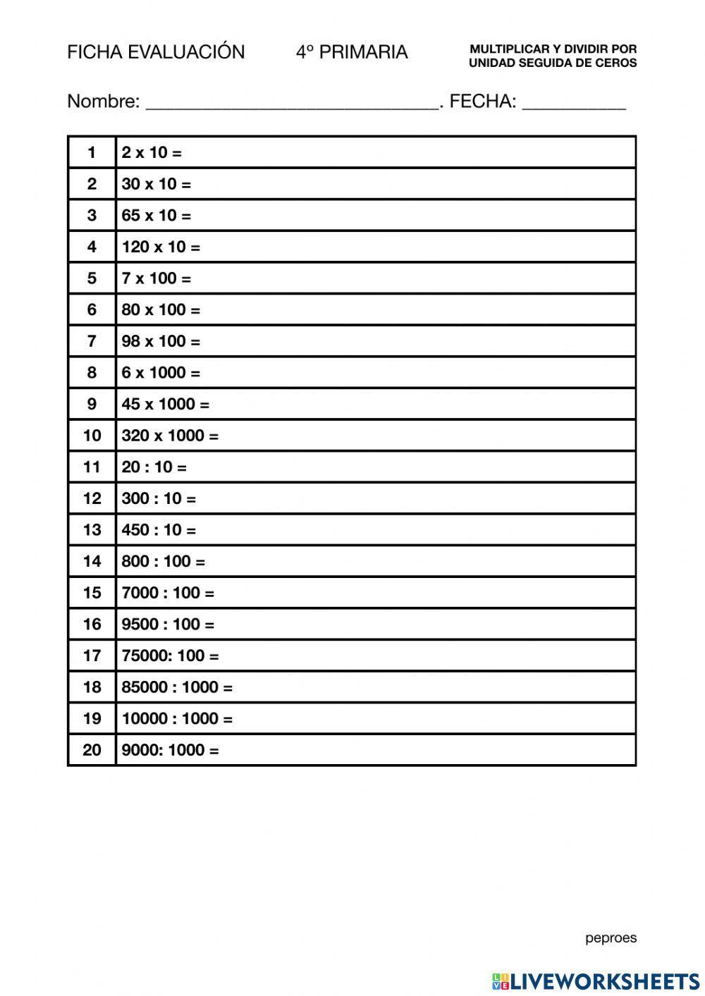Ficha evaluación multiplicar y dividir por unidad seguida de ceros