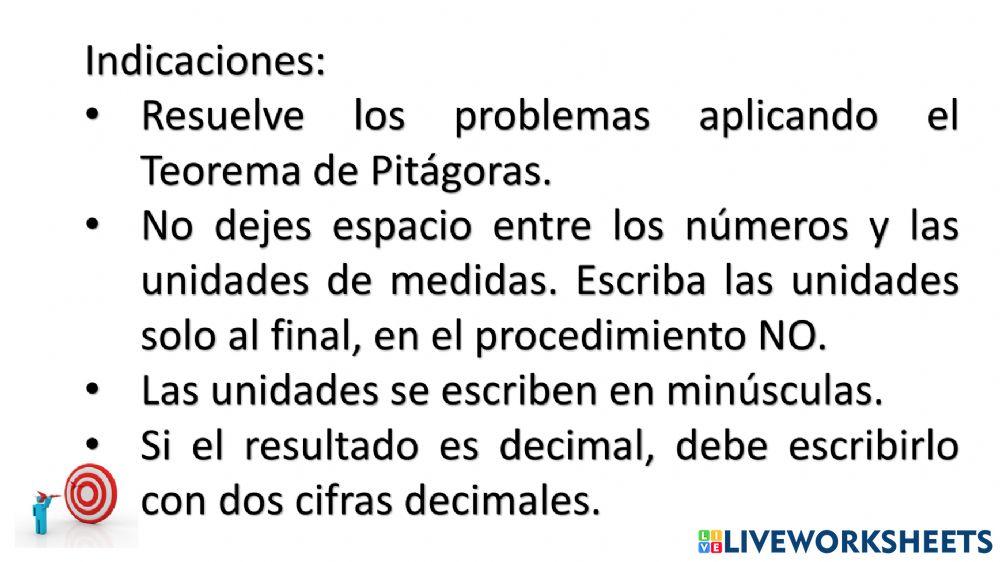 Ejercicio Problemas de Aplicación Teorema de Pitágoras