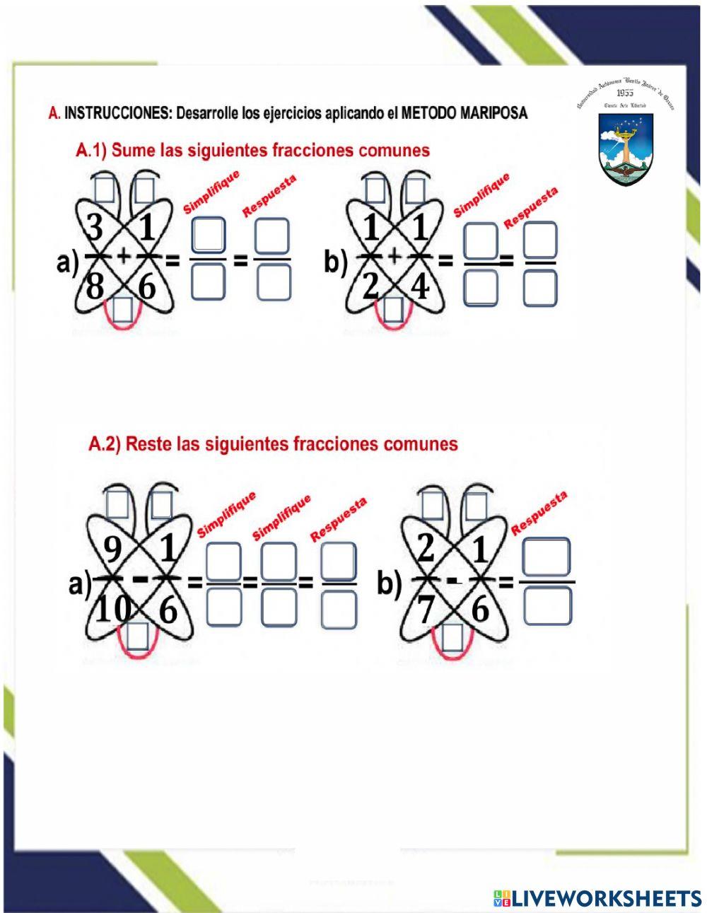 Suma resta fracciones mariposa