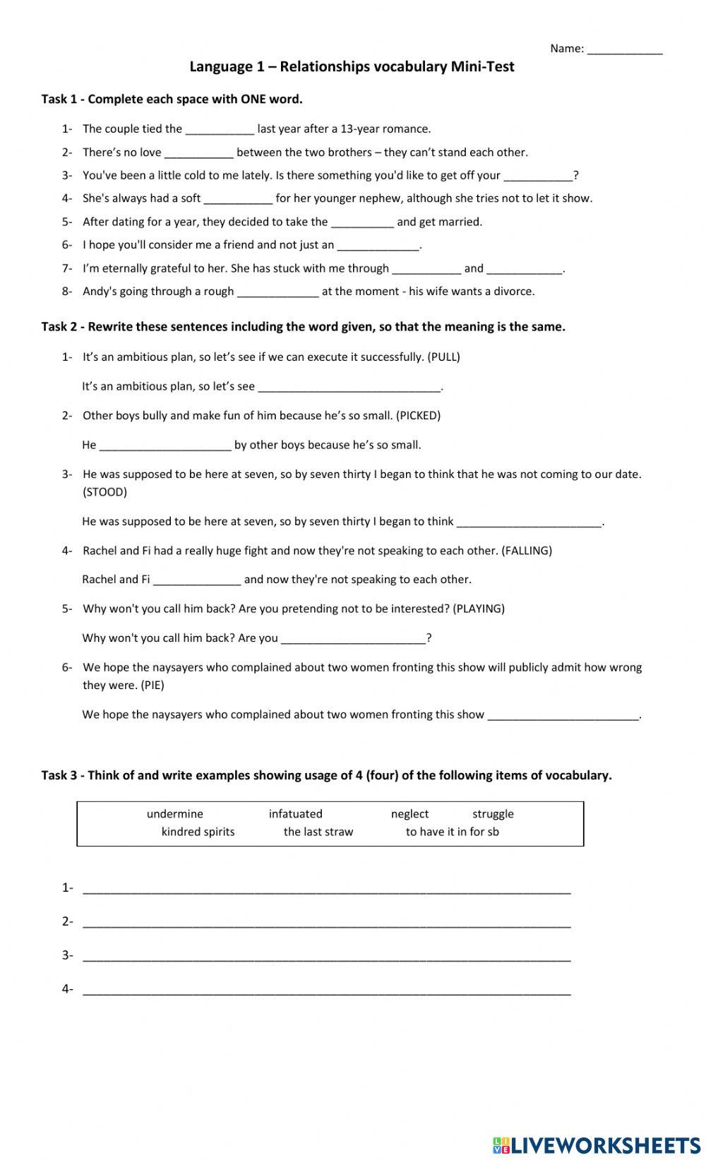 Relationships vocabulary Mini Test