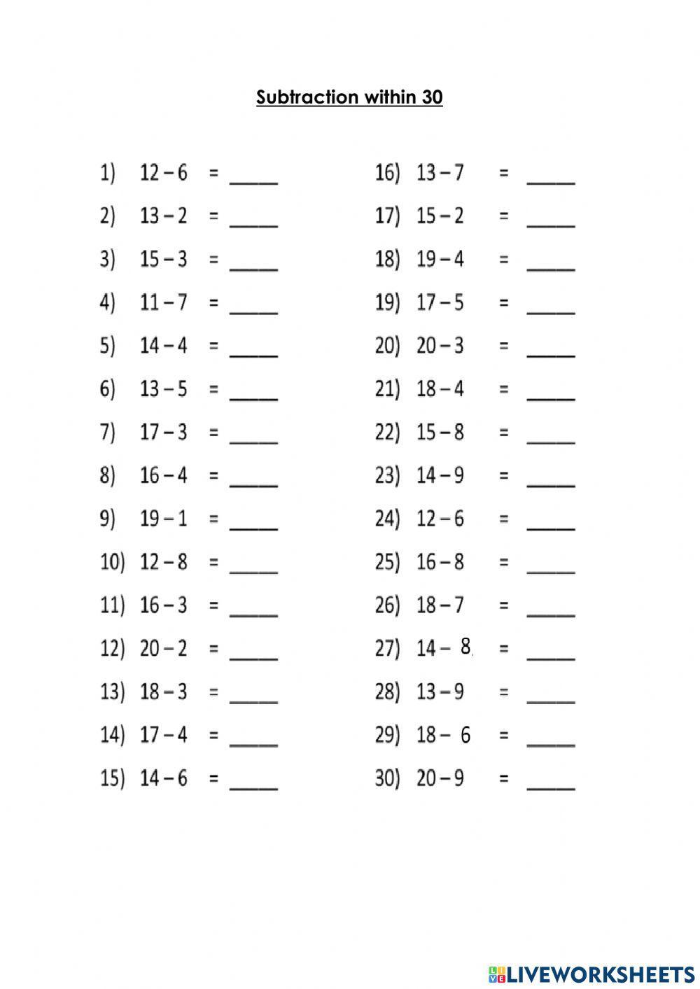 Subtraction within 30 worksheet