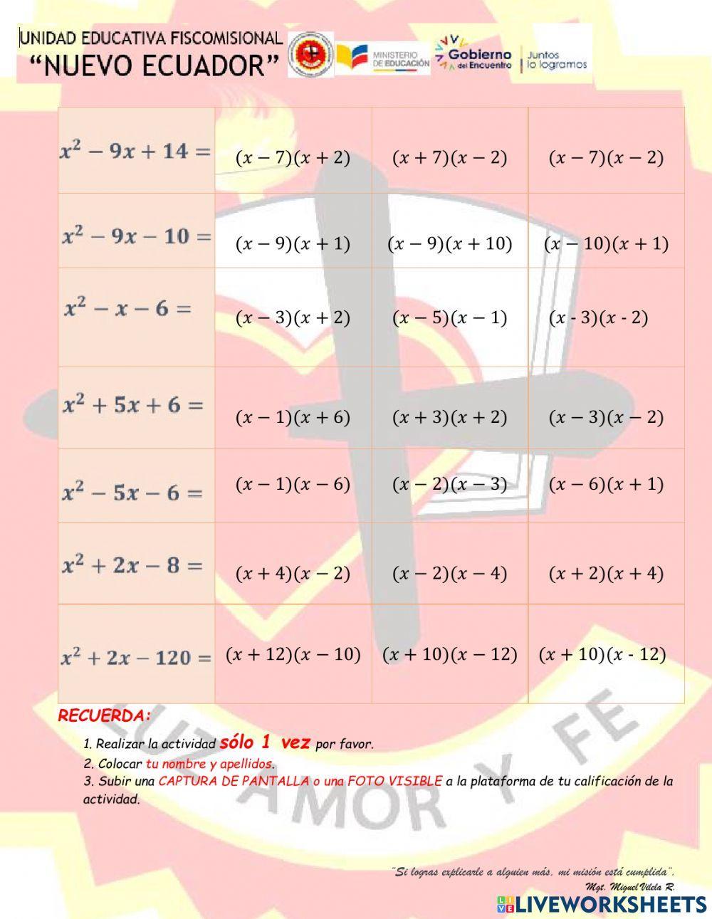 Factorizacion de trinomios de la forma x2+bx+c