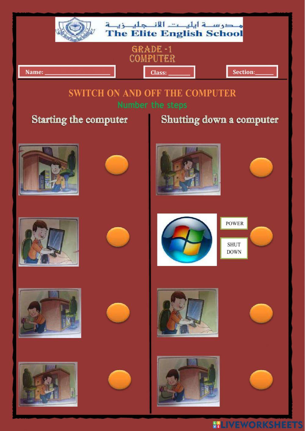 Turn on off computer | LiveWorksheets | 1138716