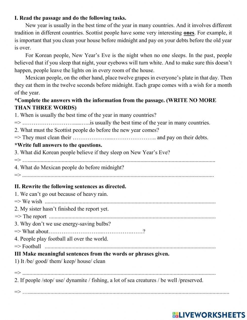 grade 9 test 1 reading and writing online exercise for Live Worksheets