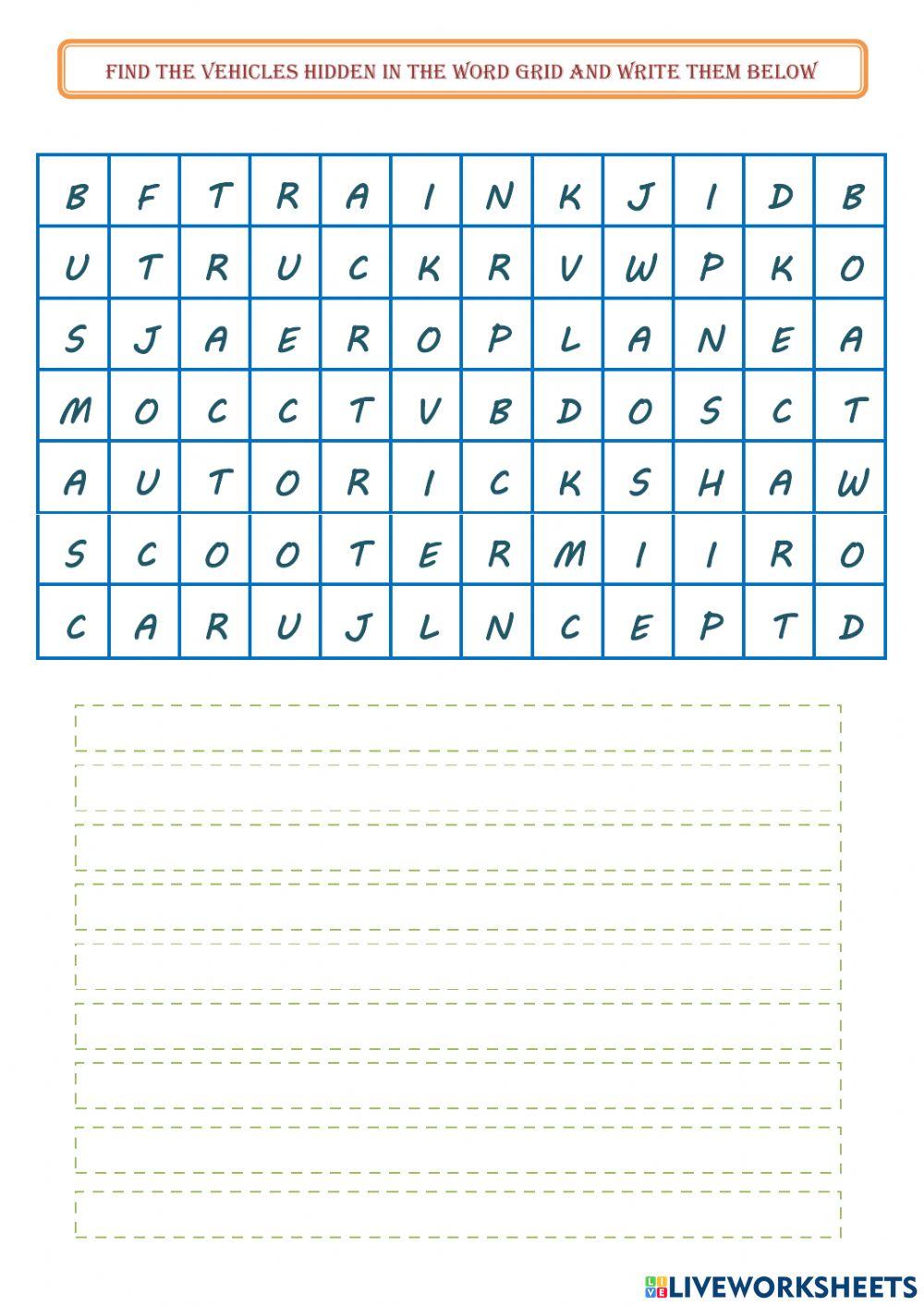 Find the vehicles hidden in the word grid and write them below