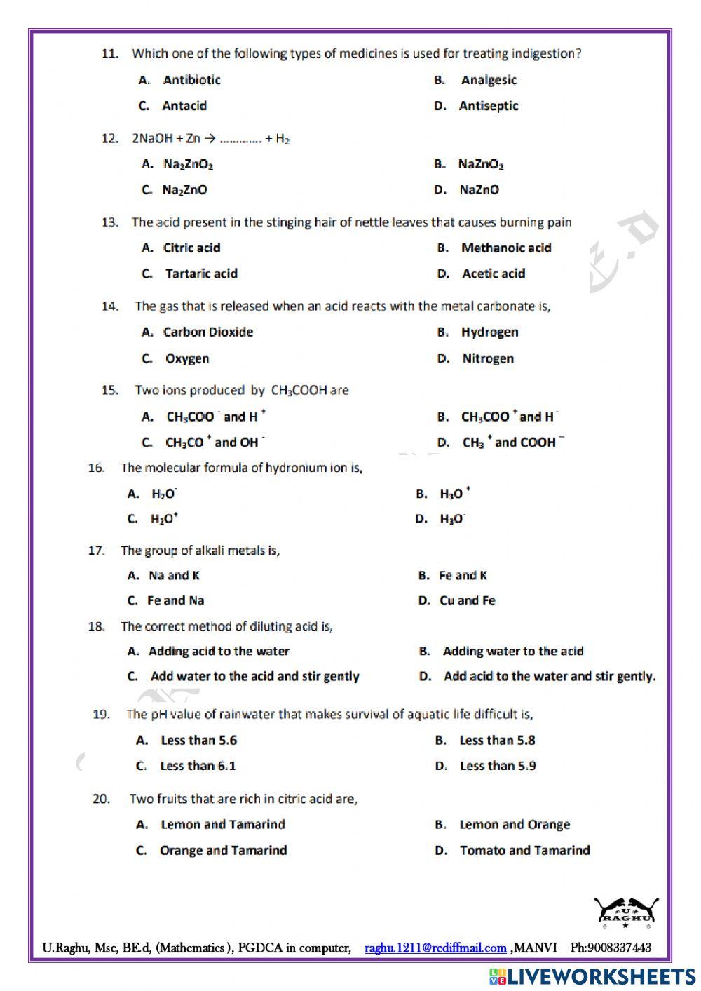 Acids, Bases and Salts (WORK SHEET)