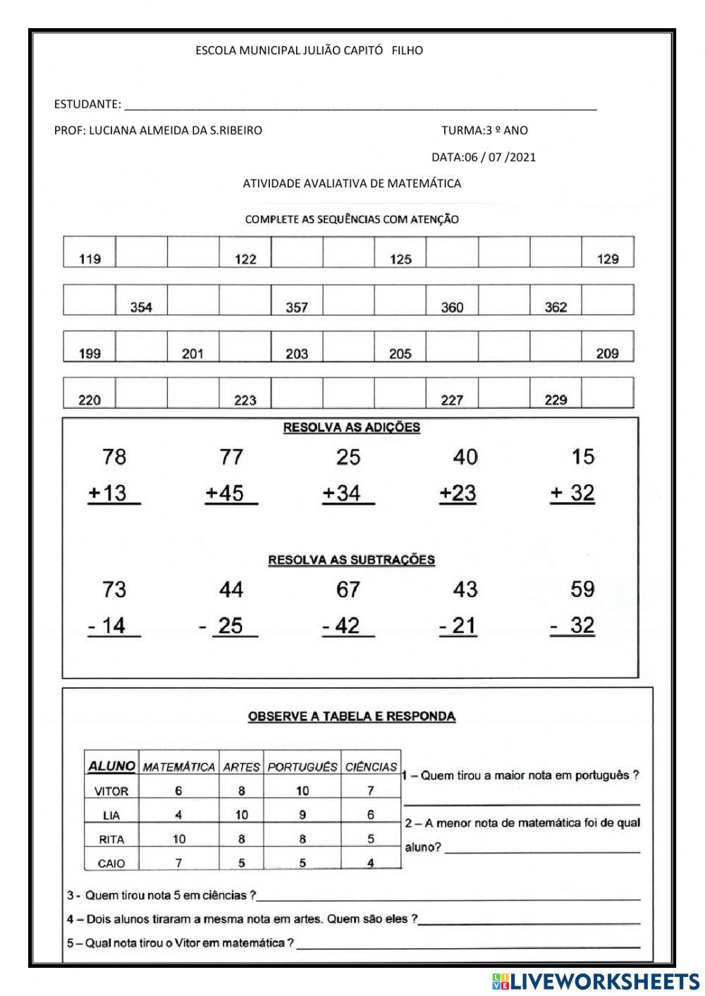 Avaliação de matemática