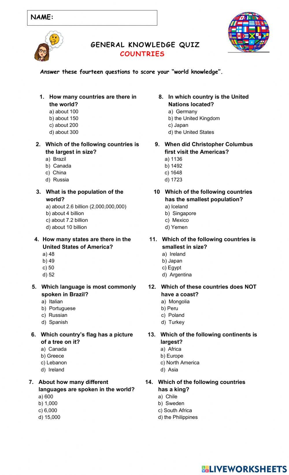 Worksheet General knowledge about countries