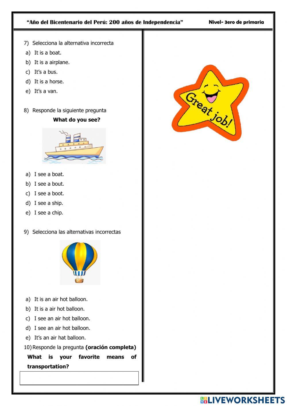 Examen bimestral de ingles 3p