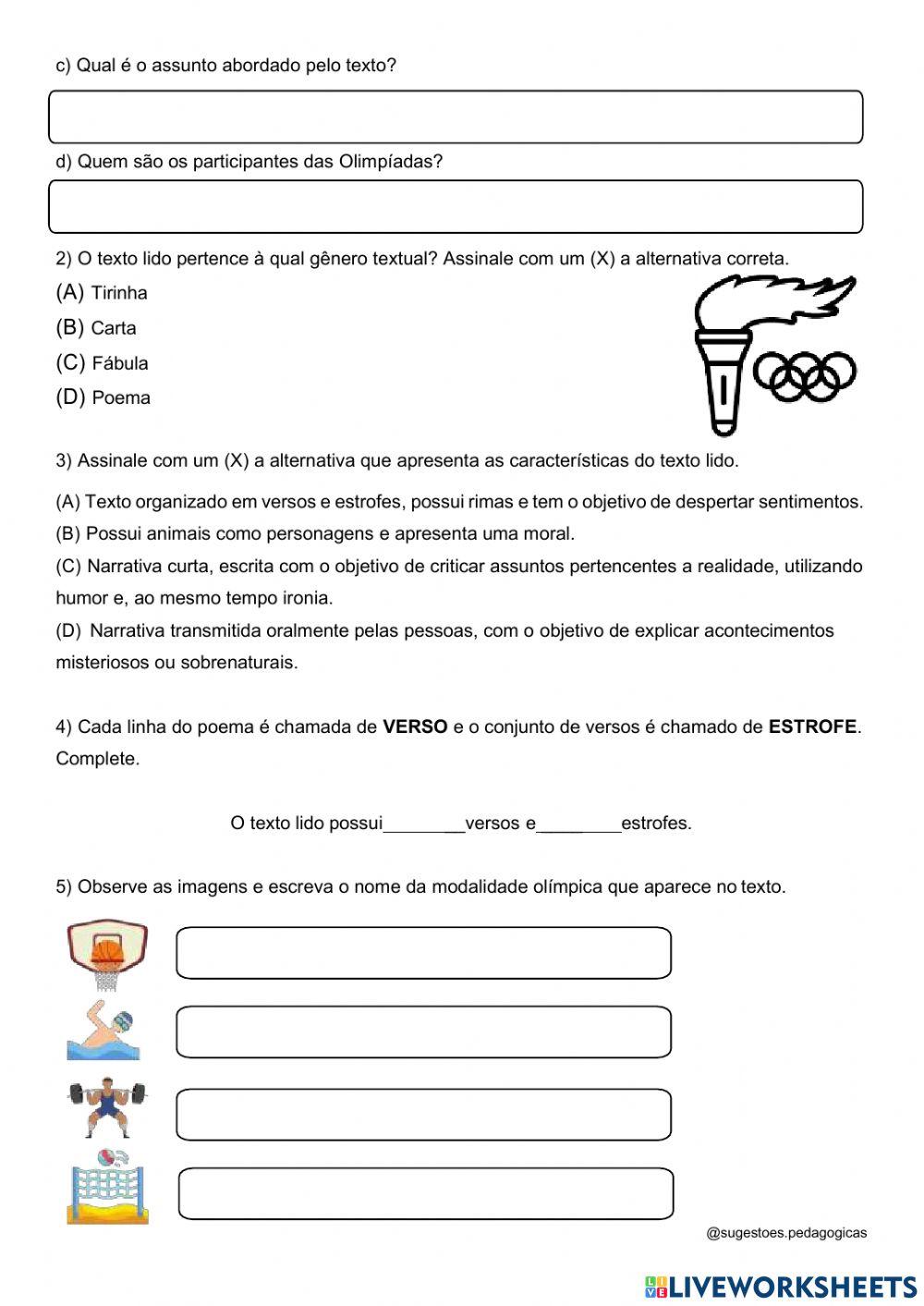 Jogos Olímpicos da bicharada - poema. Ficha interativa