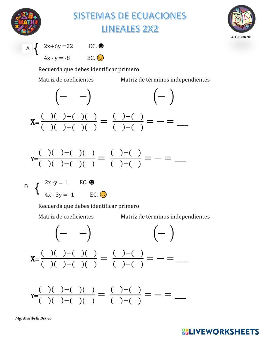 Sistemas de Ecuaciones 2x2. Método igualación y regla de Crammer