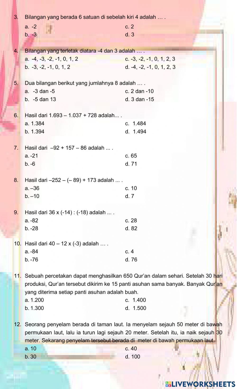 Latihan Soal Operasi Bilangan Bulat