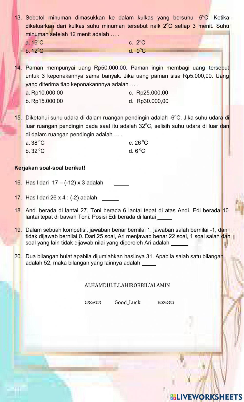 Latihan Soal Operasi Bilangan Bulat