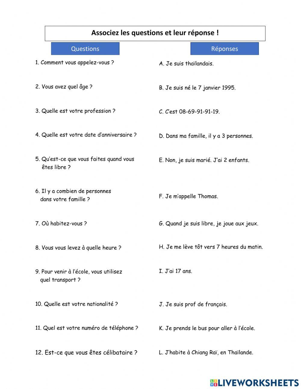 Questions Réponses A1 worksheet