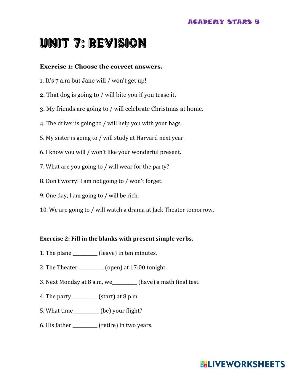 Unit 7: revision - academy stars 5