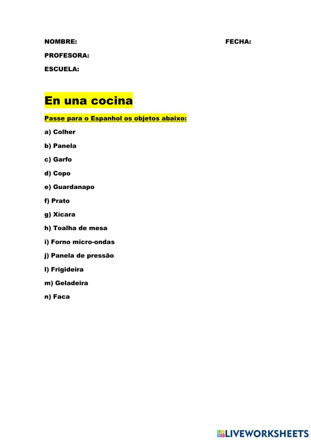 ESPANHOL - LA COCINA online exercise for