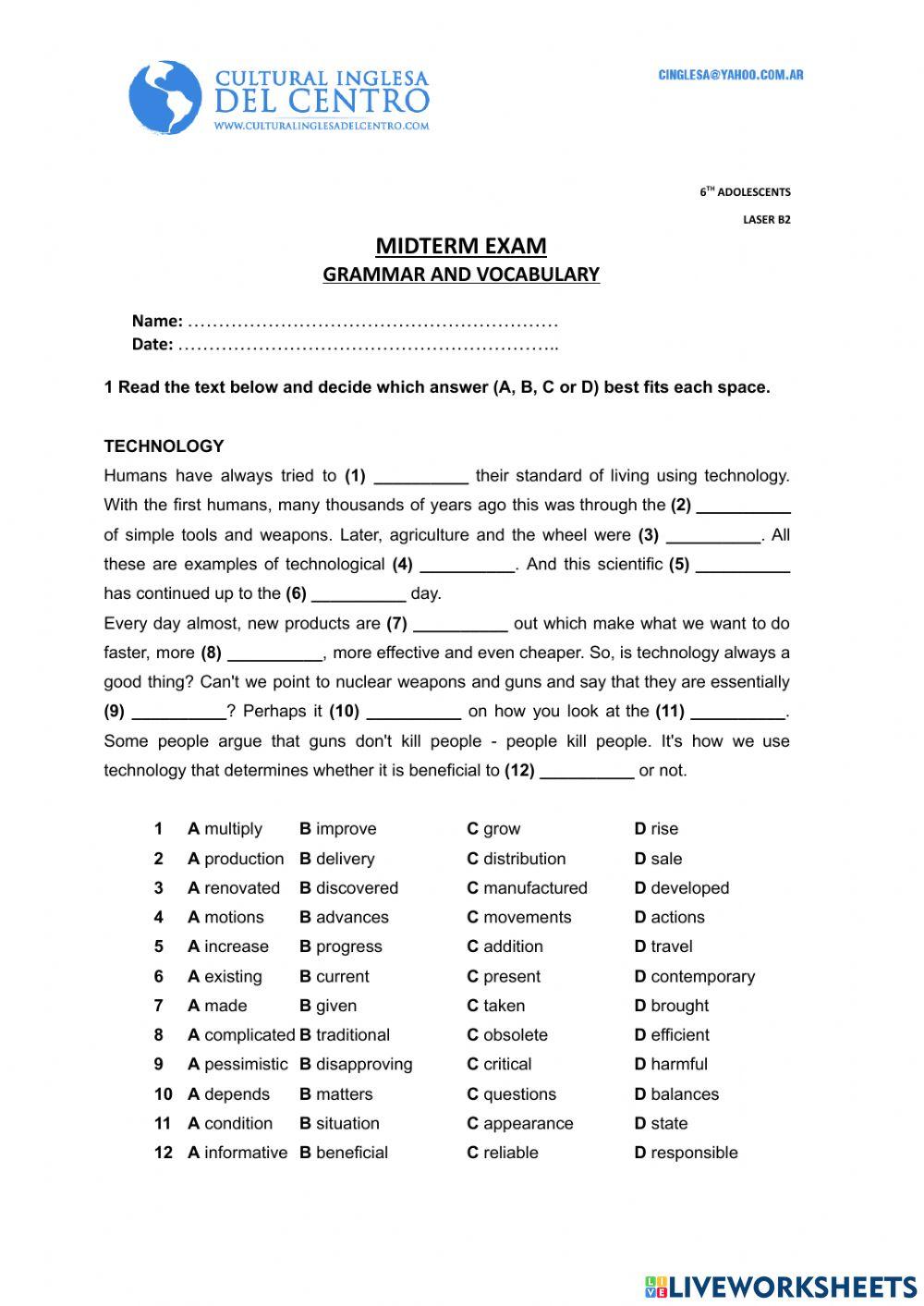 MIDTERM - Grammar and Vocabulary Test (6th Adolescent)
