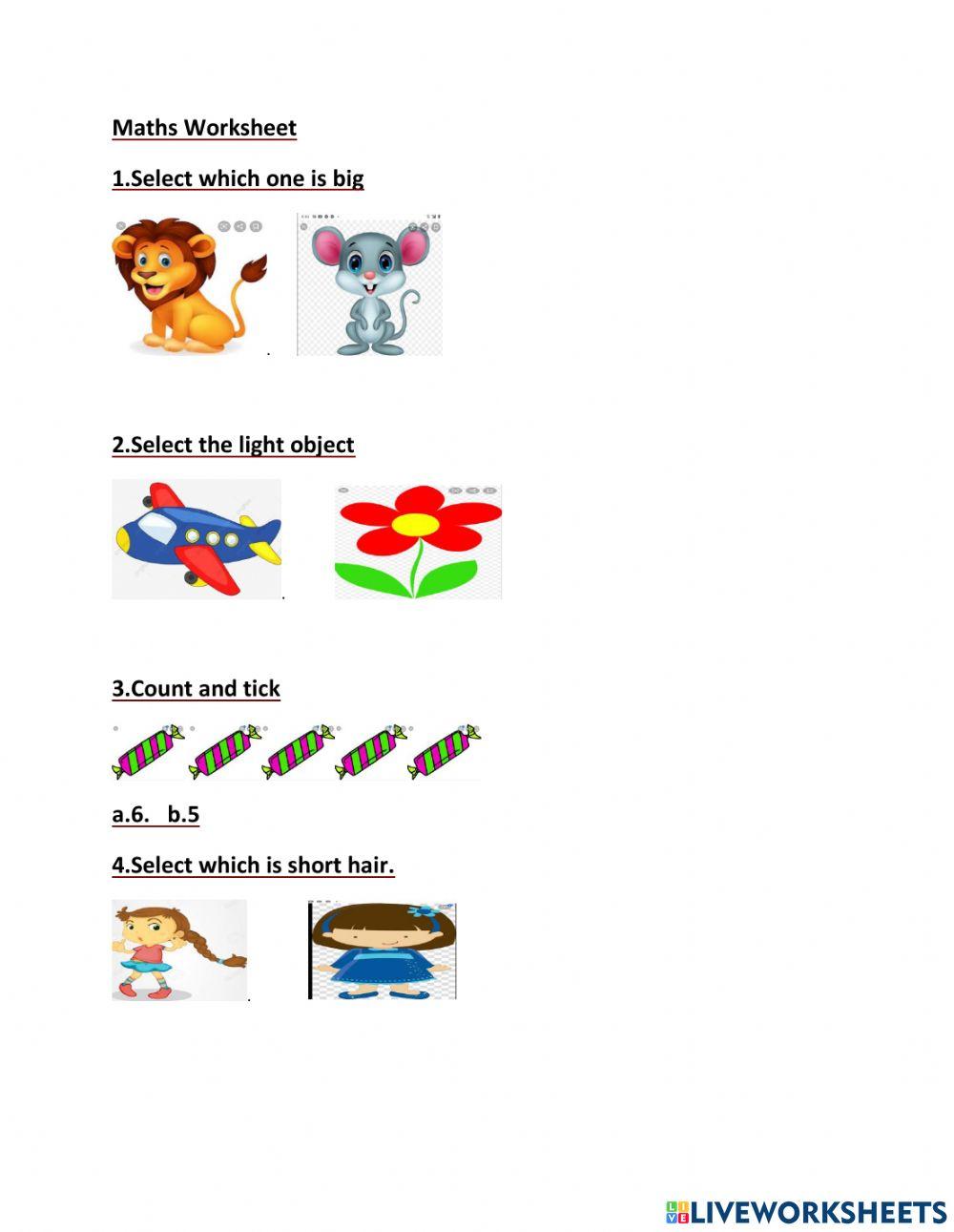 Maths worksheet worksheet for kinderkarten Live Worksheets