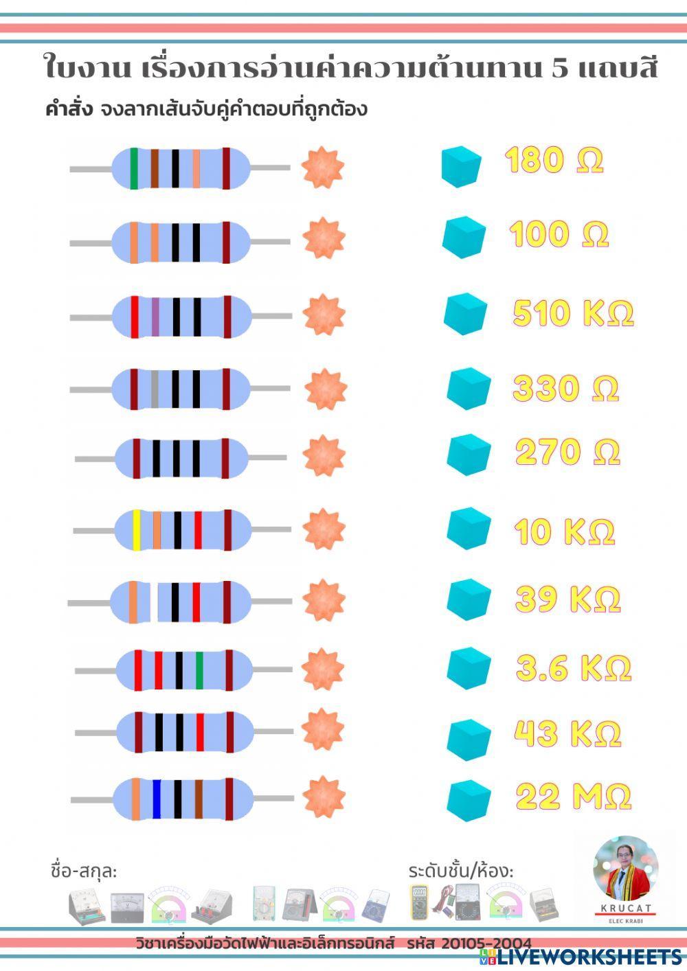 ใบงาน เรื่องการอ่านค่าความต้านทาน 5 แถบสี