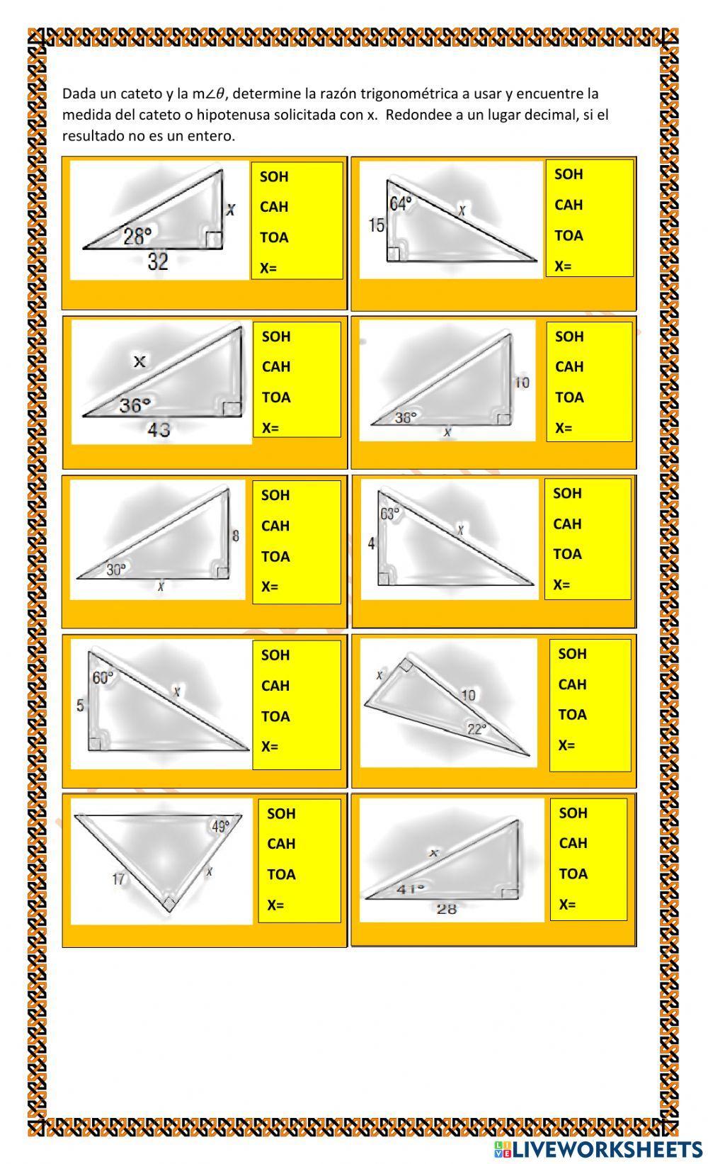 TRIG 2.C.1.c Aplicaciones trigonométricas: Solución de un triángulo conociendo un ángulo y el cateto