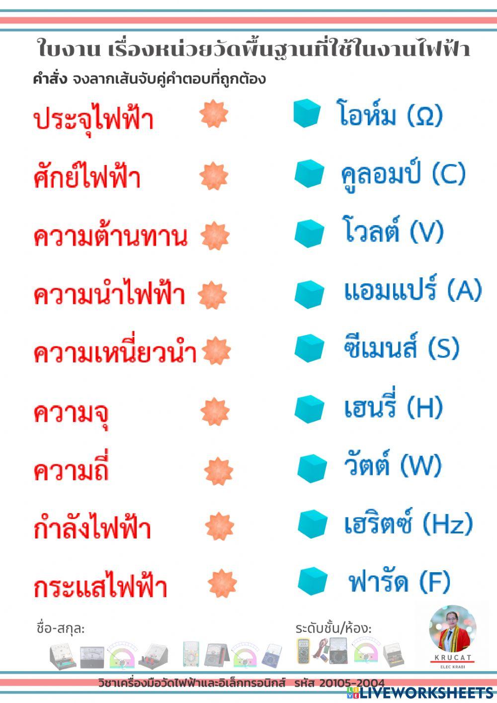 ใบงาน เรื่องหน่วยวัดพื้นฐานที่ใช้ในงานไฟฟ้า