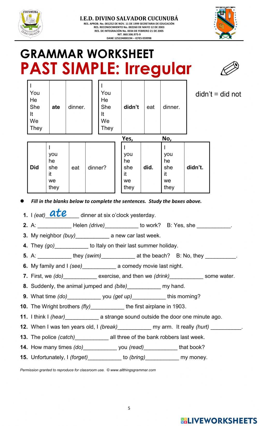 PAST TENSE IRREGULAR ENGLISH 9º