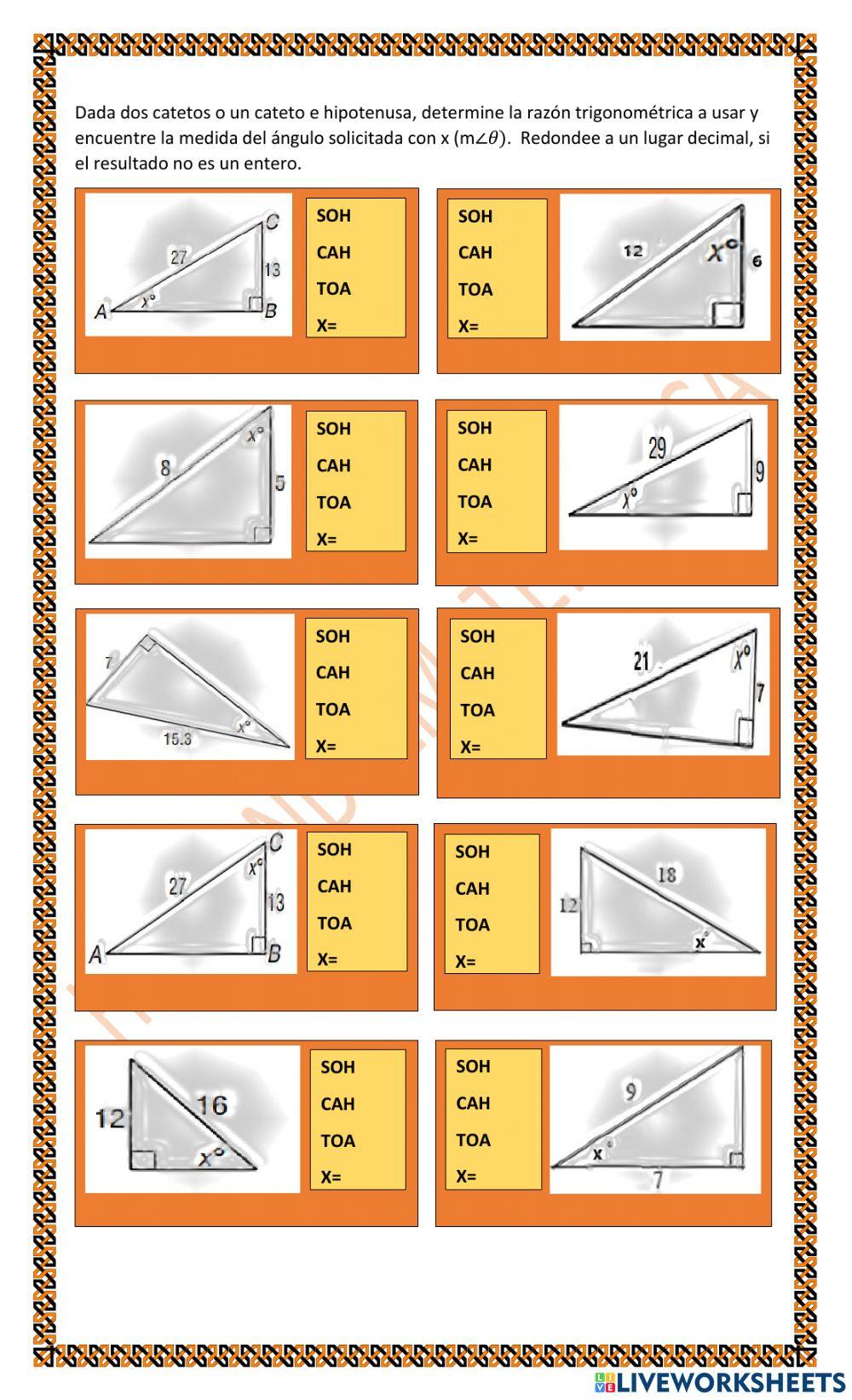 TRIG 2.C.1.b Aplicaciones trigonométricas: Solución de un triángulo conociendo un ángulo y el cateto