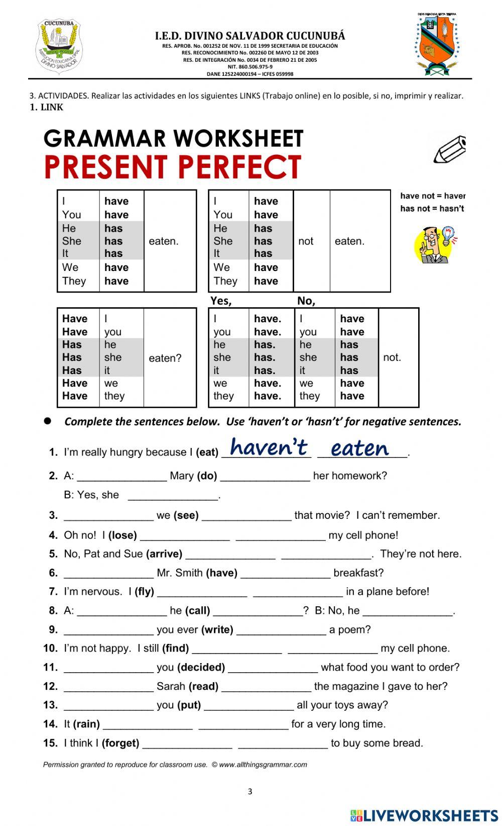PRESENT PERFECT TENSE ENGLISH 10º