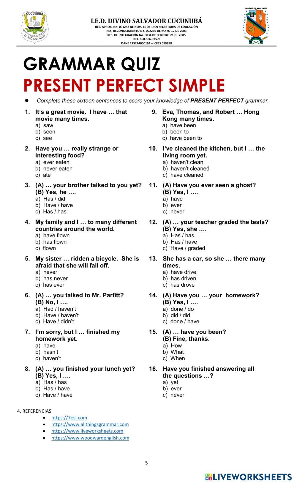 PRESENT PERFECT TENSE ENGLISH 10º