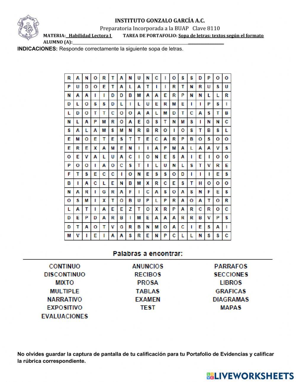 Sopa de letras: textos según el formato