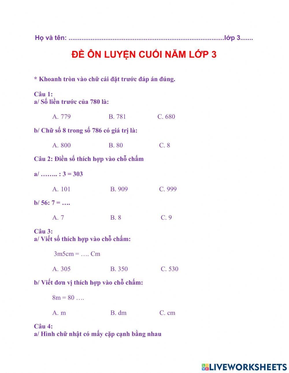 Ôn tập toán lớp 3 cuối năm