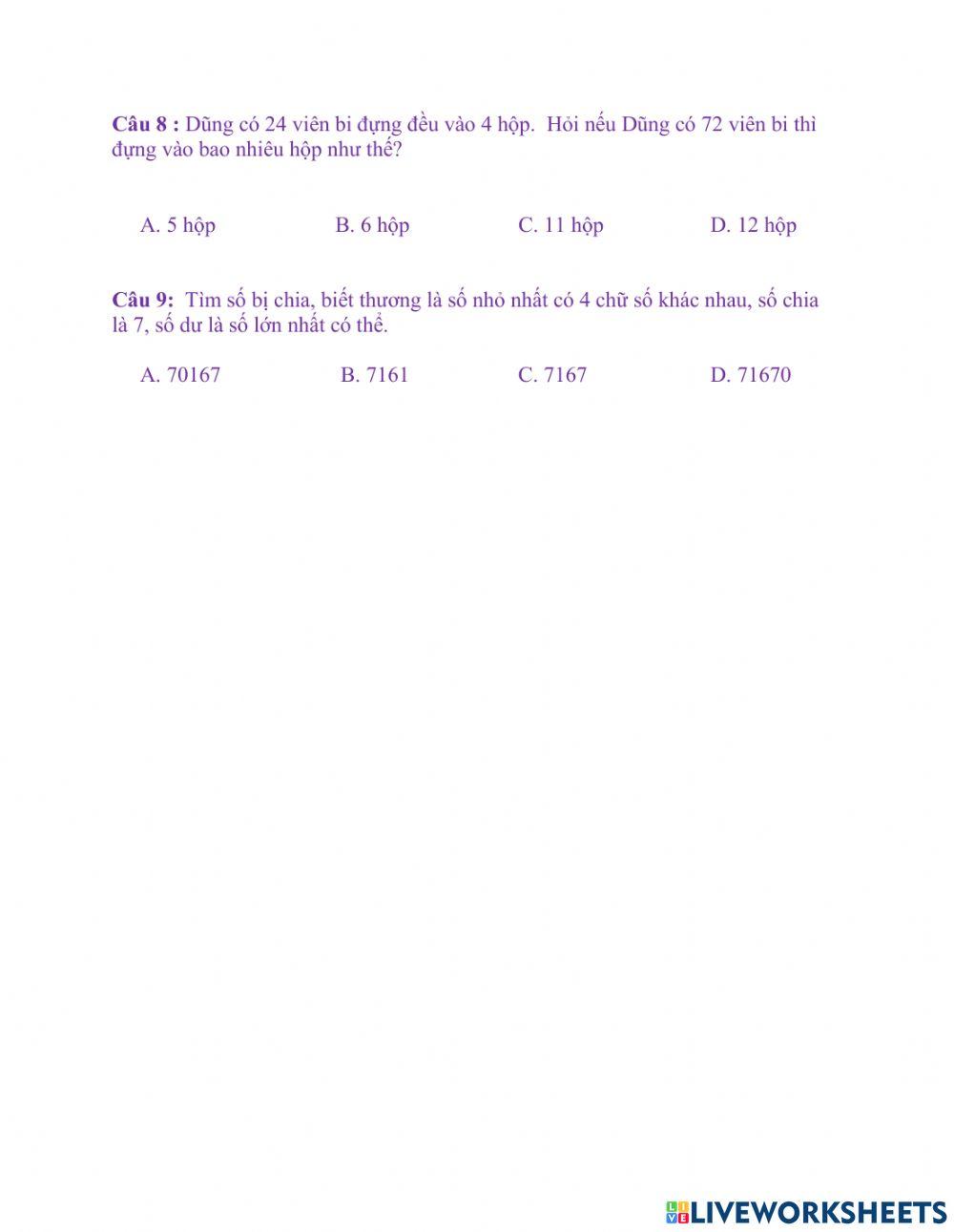 Ôn tập toán lớp 3 cuối năm